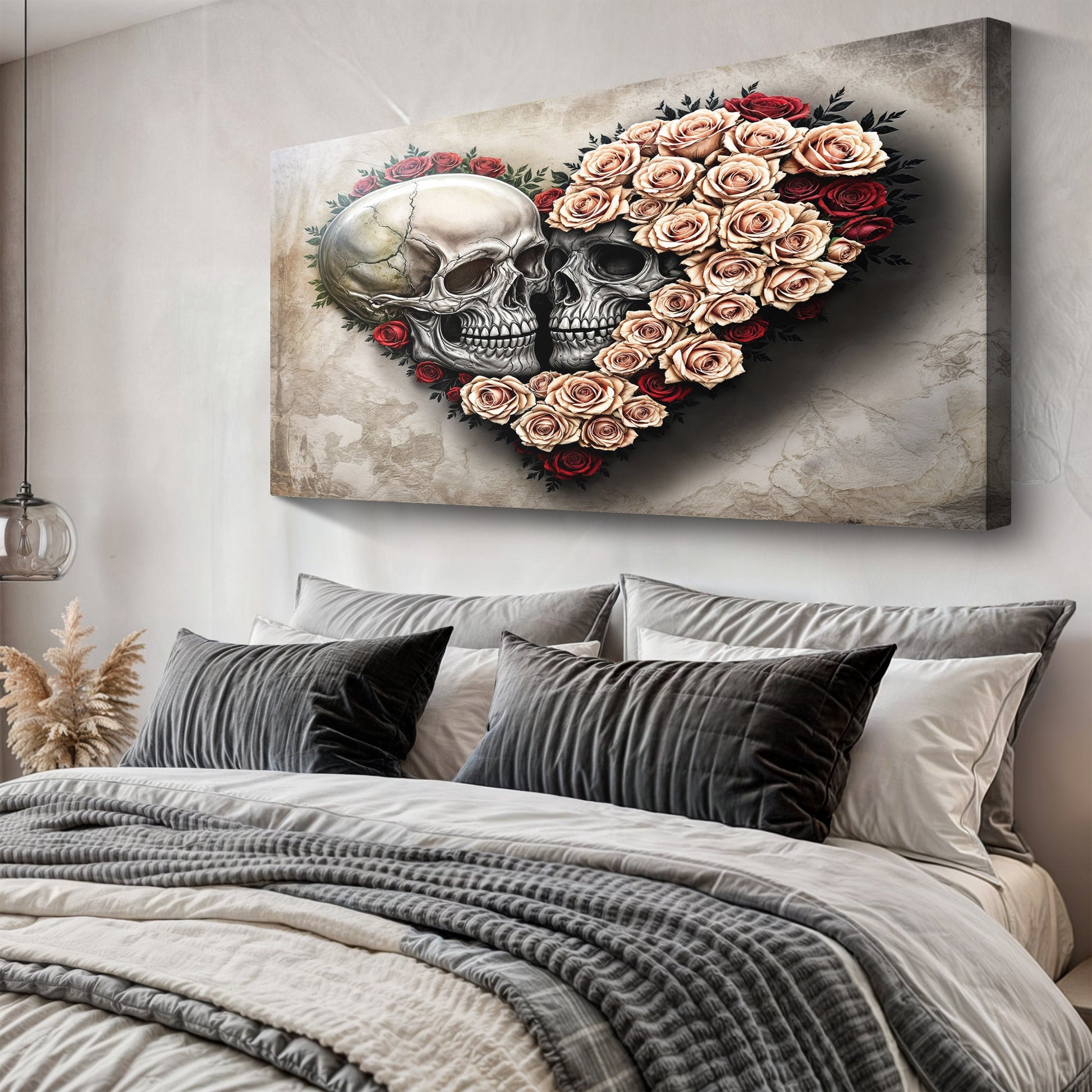 Skull and Flowers Wall Art IX canvas by Tailored Canvases, two skulls with beige and red roses on a textured beige background on Tampa Home & Garden Store