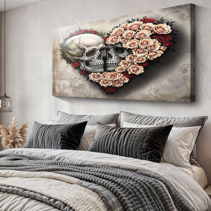 Skull and Flowers Wall Art IX canvas by Tailored Canvases, two skulls with beige and red roses on a textured beige background on Tampa Home & Garden Store