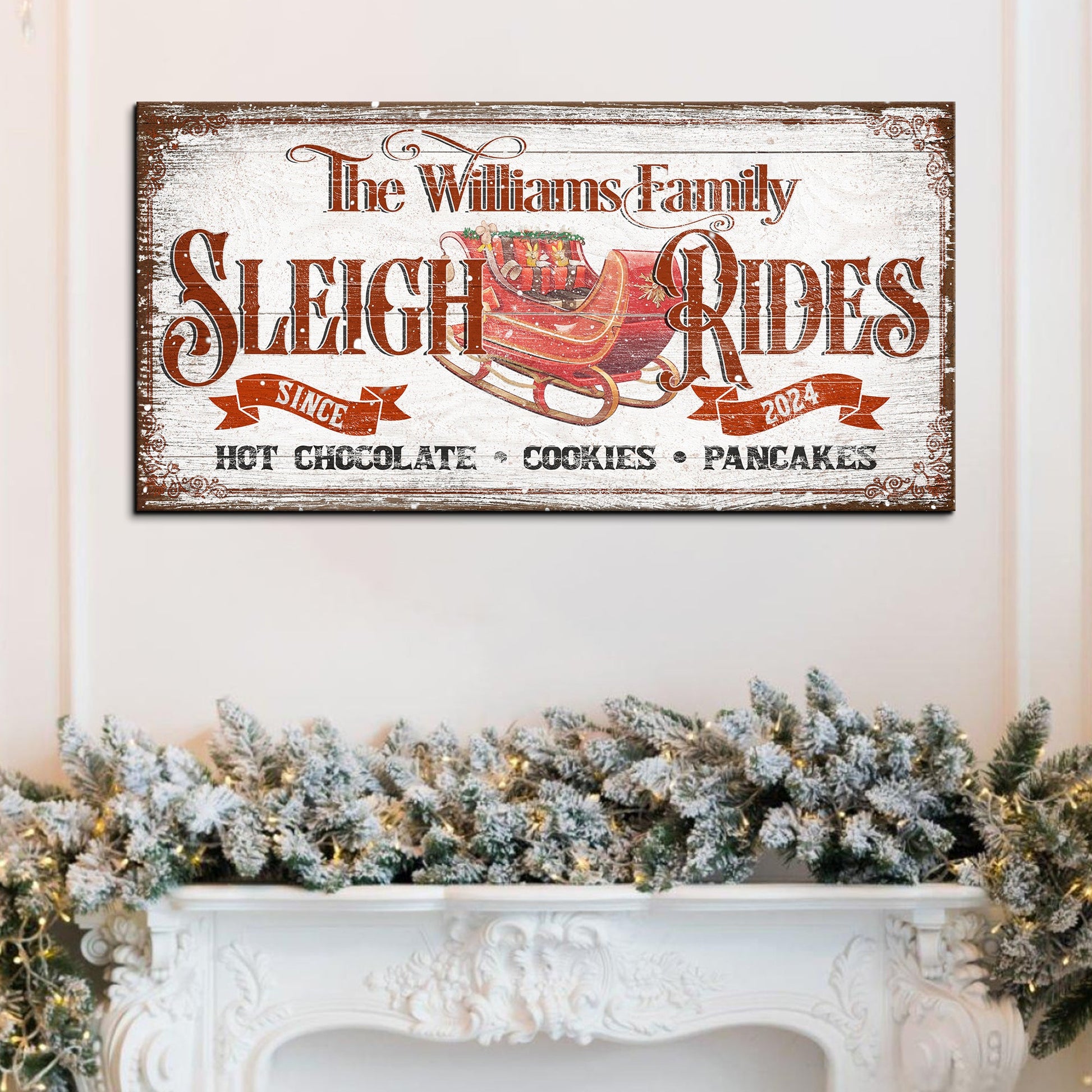 Canvas Sleigh Rides Sign V by Tailored Canvases; distressed white backdrop with red sleigh on Tampa Home & Garden Store