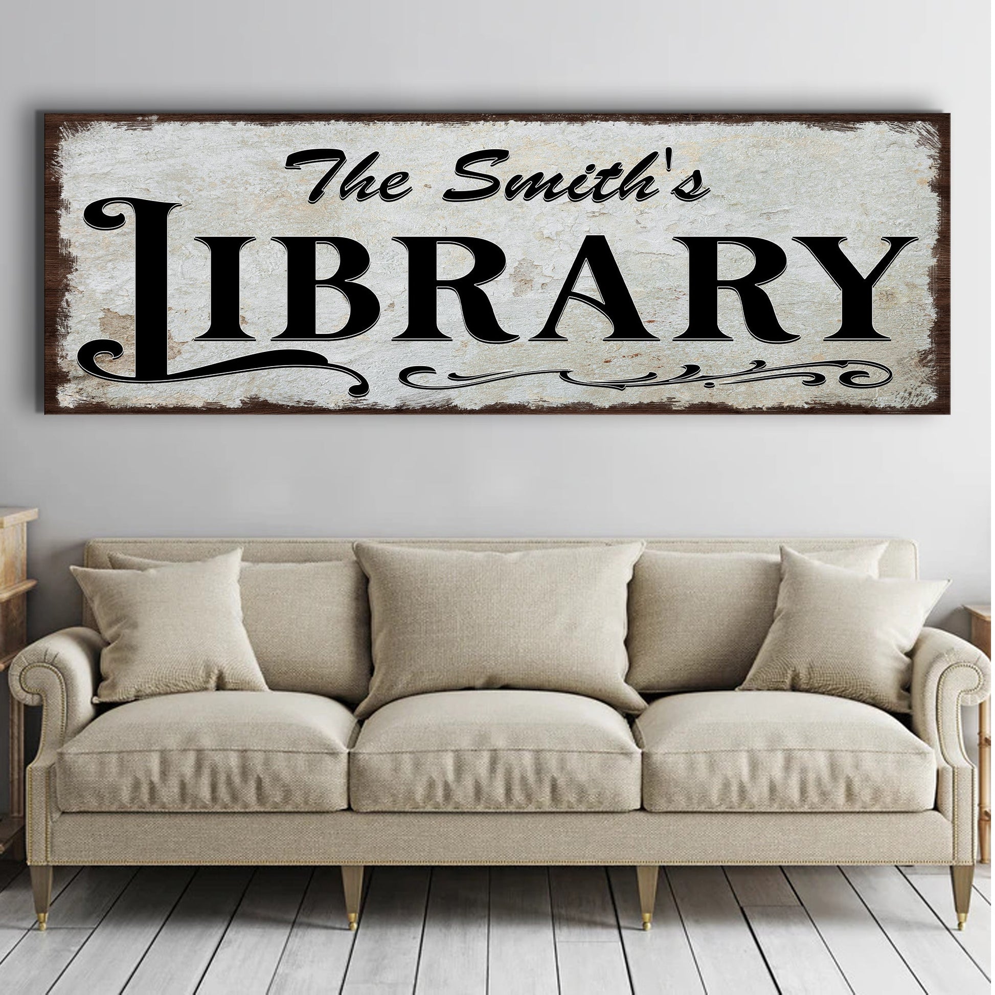 Personalized The Smith's Library canvas sign with distressed backdrop and rustic frame on Tampa Home & Garden Store