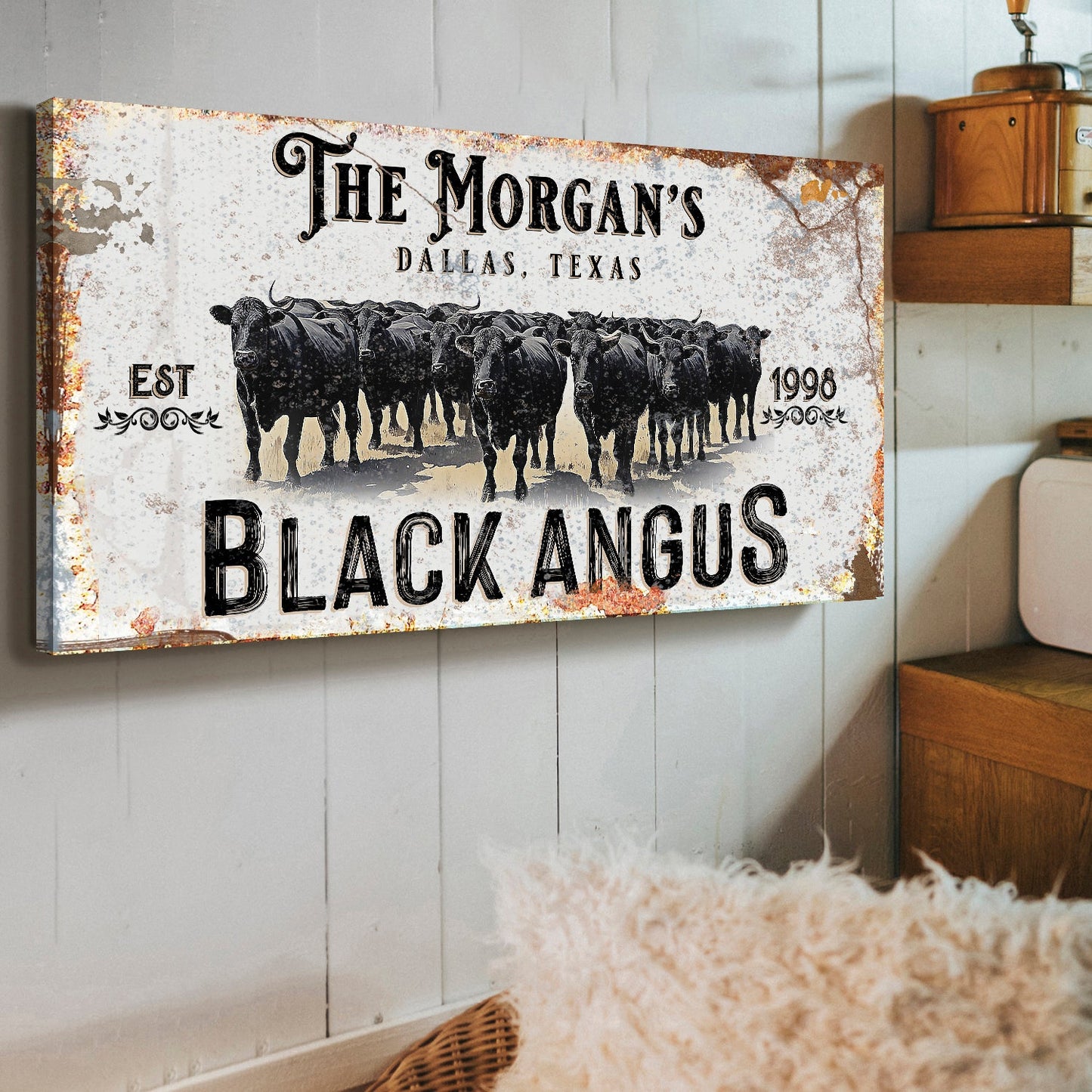 Personalized Black Angus cattle sign canvas with rustic distressed finish Tailored Canvases on Tampa Home & Garden Store