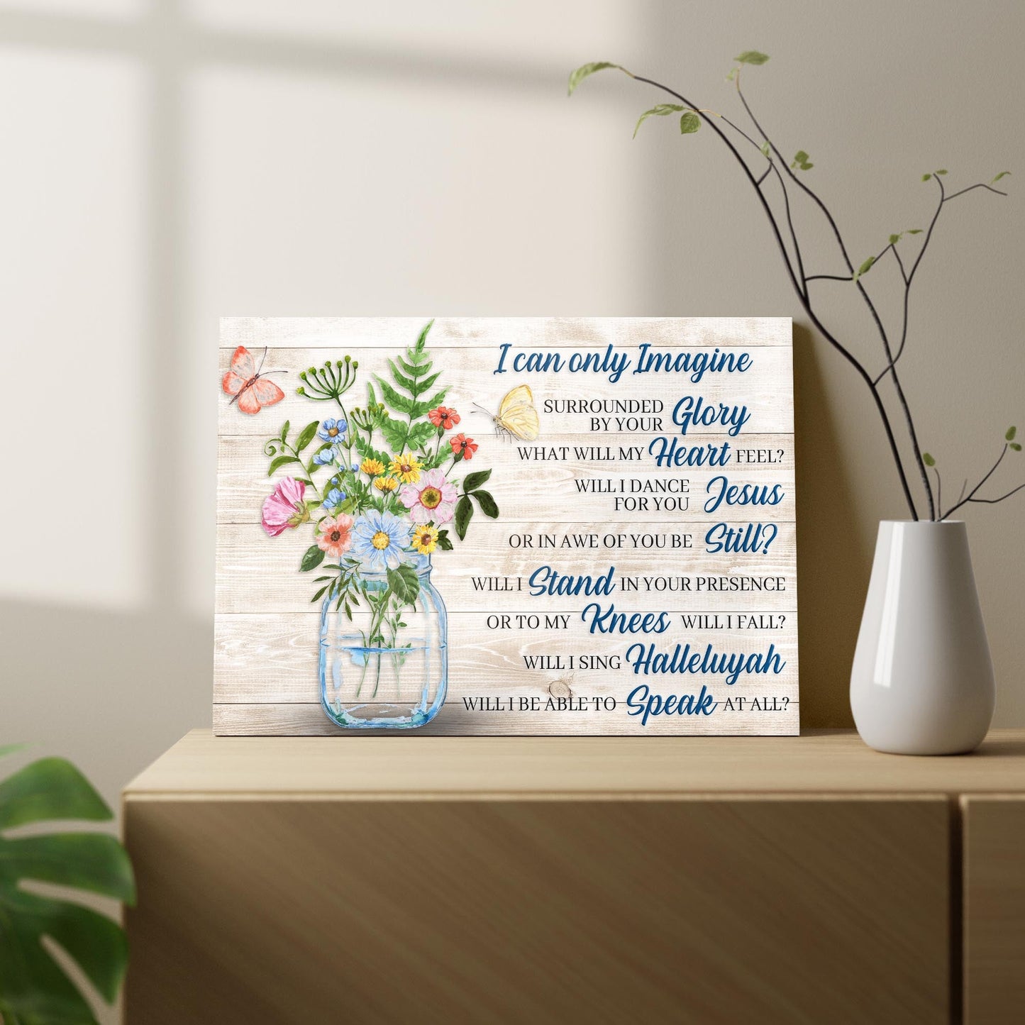 I Can Only Imagine Faith Sign IV canvas sign with floral bouquet on rustic wood backdrop on Tampa Home & Garden Store