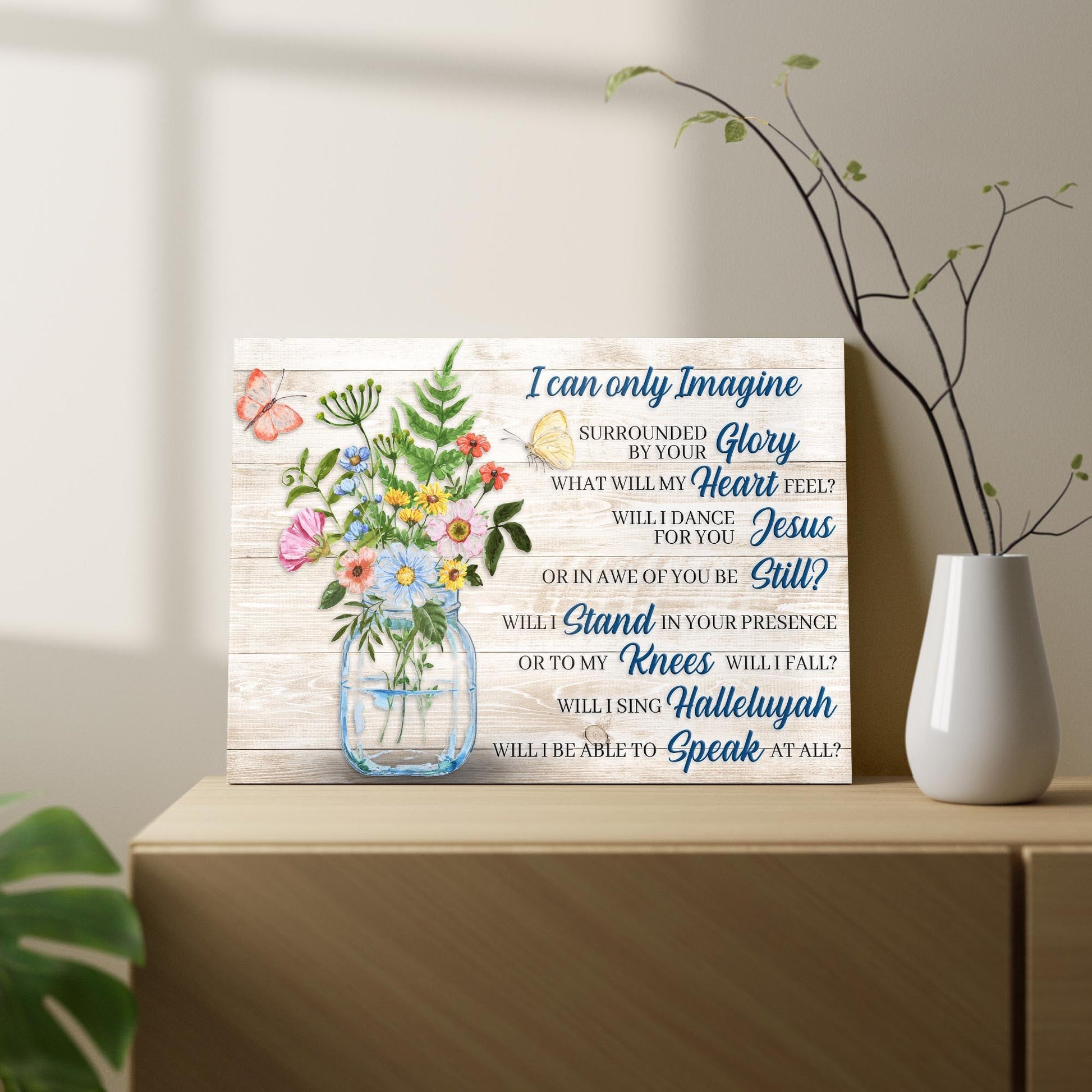 I Can Only Imagine Faith Sign IV canvas sign with floral bouquet on rustic wood backdrop on Tampa Home & Garden Store