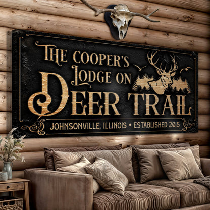 Hunting Lodge Sign canvas artwork with gold lettering and deer silhouette mounted on log wall on Tampa Home & Garden Store