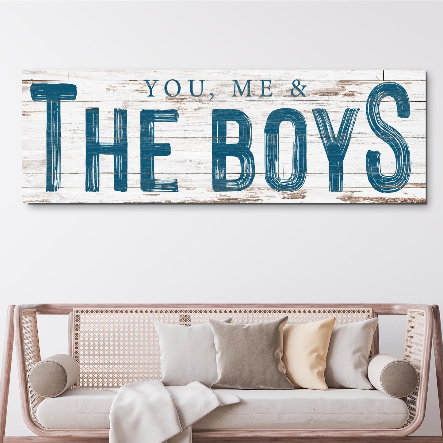 Canvas You, Me And The Boys Sign VIII with distressed wood and bold blue lettering on Tampa Home & Garden Store