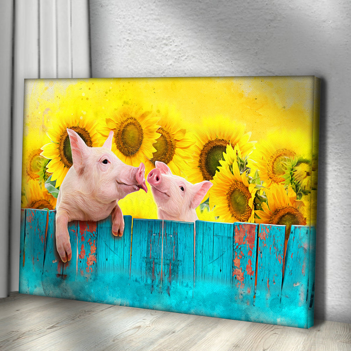 Sunflower Pigs Canvas Wall Art by Tailored Canvases; sunflowers with pink pigs on fence on Tampa Home & Garden Store