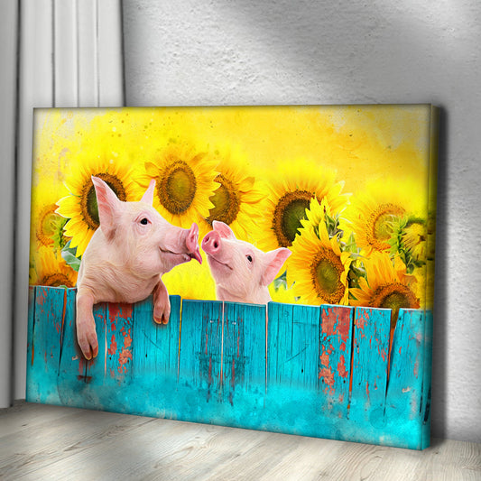 Sunflower Pigs Canvas Wall Art by Tailored Canvases; sunflowers with pink pigs on fence on Tampa Home & Garden Store