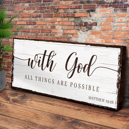 With God All Things Are Possible Faith Sign II canvas art on white wood with brown script on Tampa Home & Garden Store