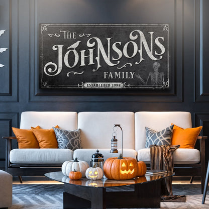 Personalized Gothic Sign III canvas by Tailored Canvases, black ornate plaque with white text on Tampa Home & Garden Store