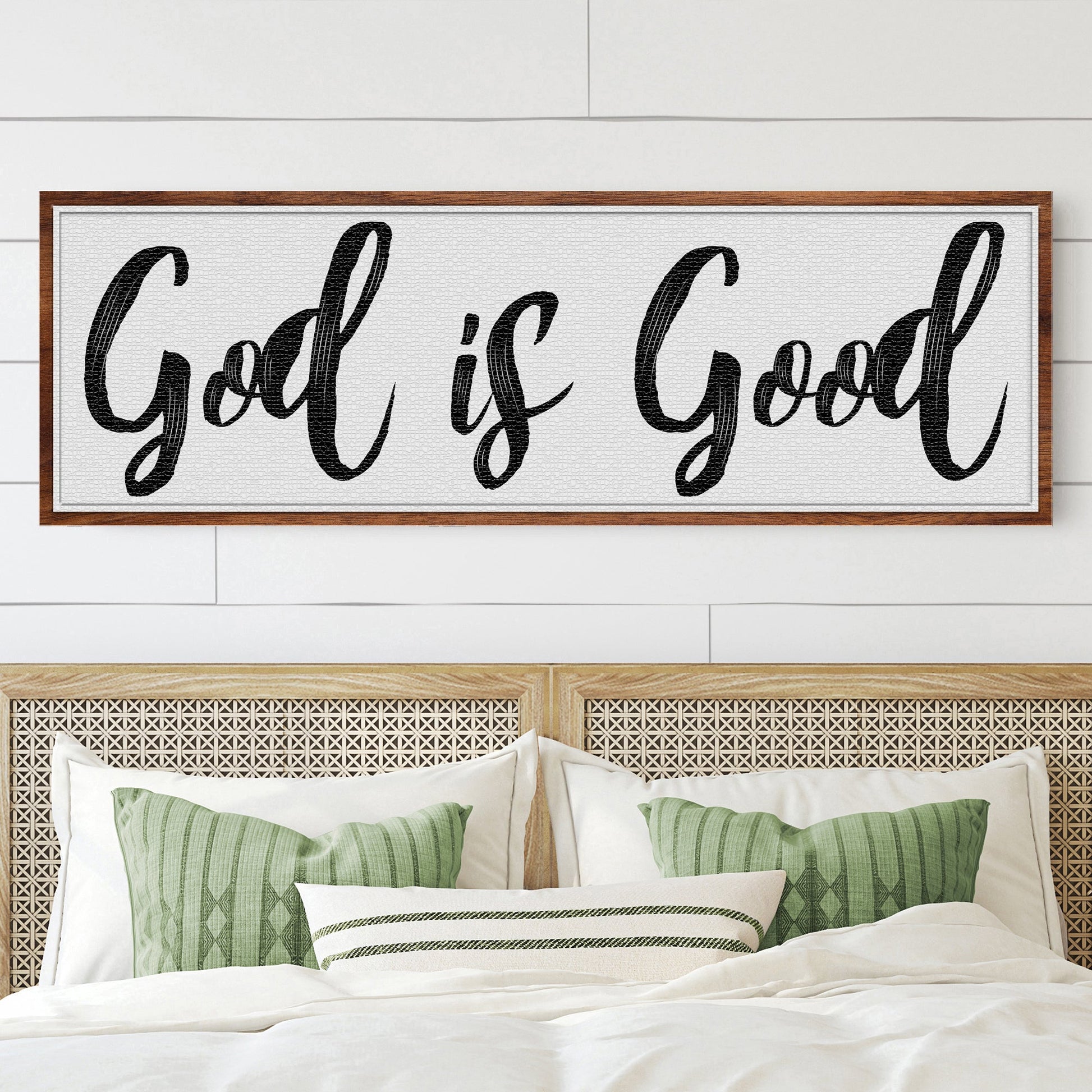 God Is Good Faith Sign III canvas with black script on white background in wood frame on Tampa Home & Garden Store