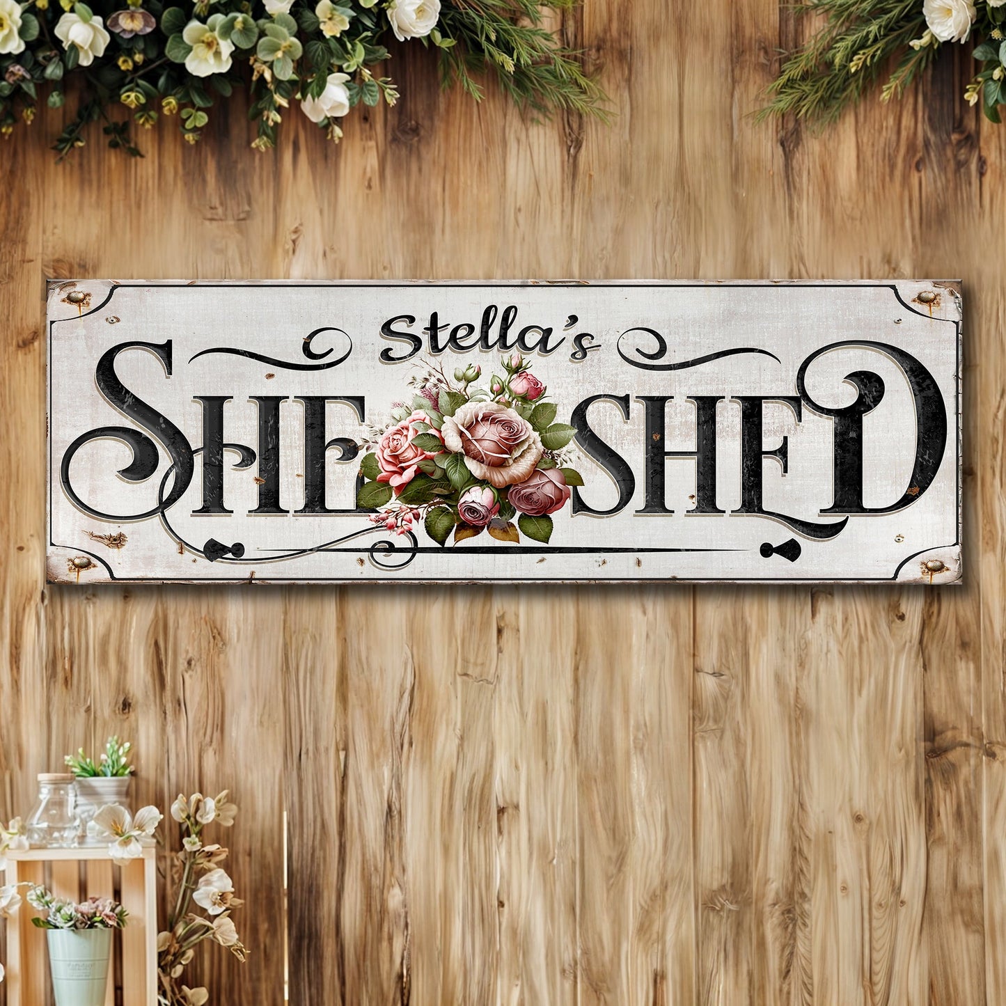 Personalized She Shed sign canvas with floral bouquet on rustic wood background on Tampa Home & Garden Store