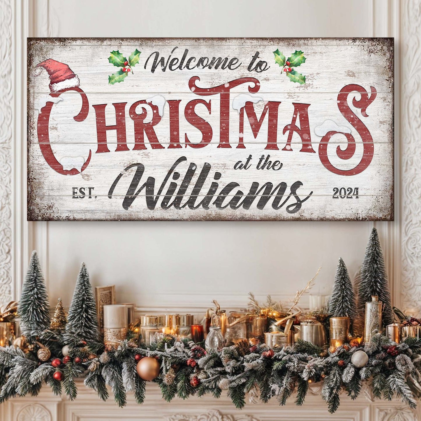Family Welcome To Christmas Sign V canvas by Tailored Canvases on white wood backdrop on Tampa Home & Garden Store