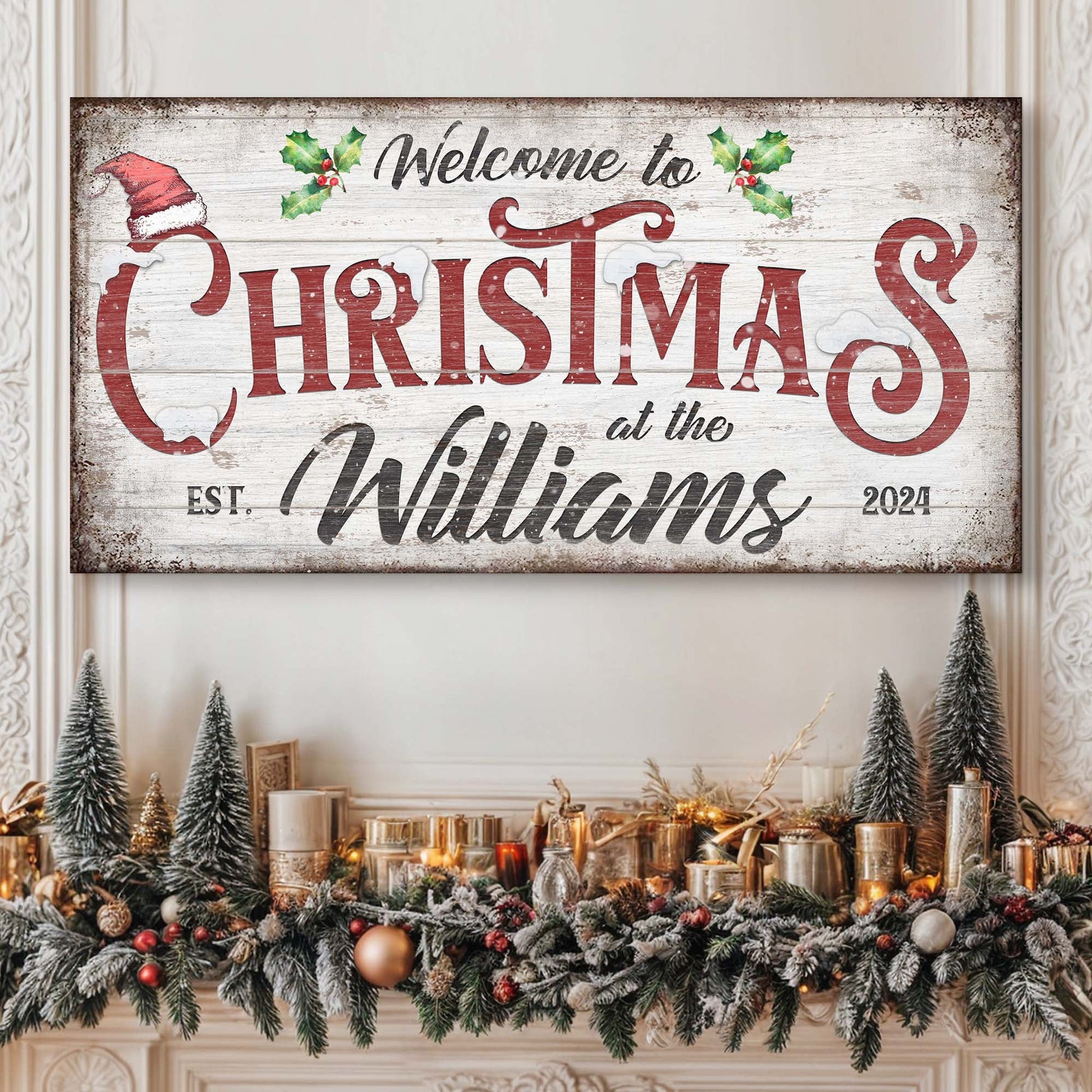 Family Welcome To Christmas Sign V canvas by Tailored Canvases on white wood backdrop on Tampa Home & Garden Store