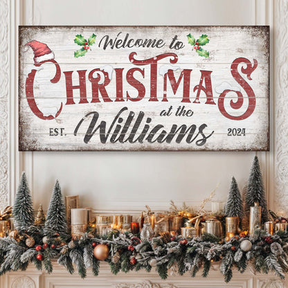Family Welcome To Christmas Sign V canvas by Tailored Canvases on white wood backdrop on Tampa Home & Garden Store
