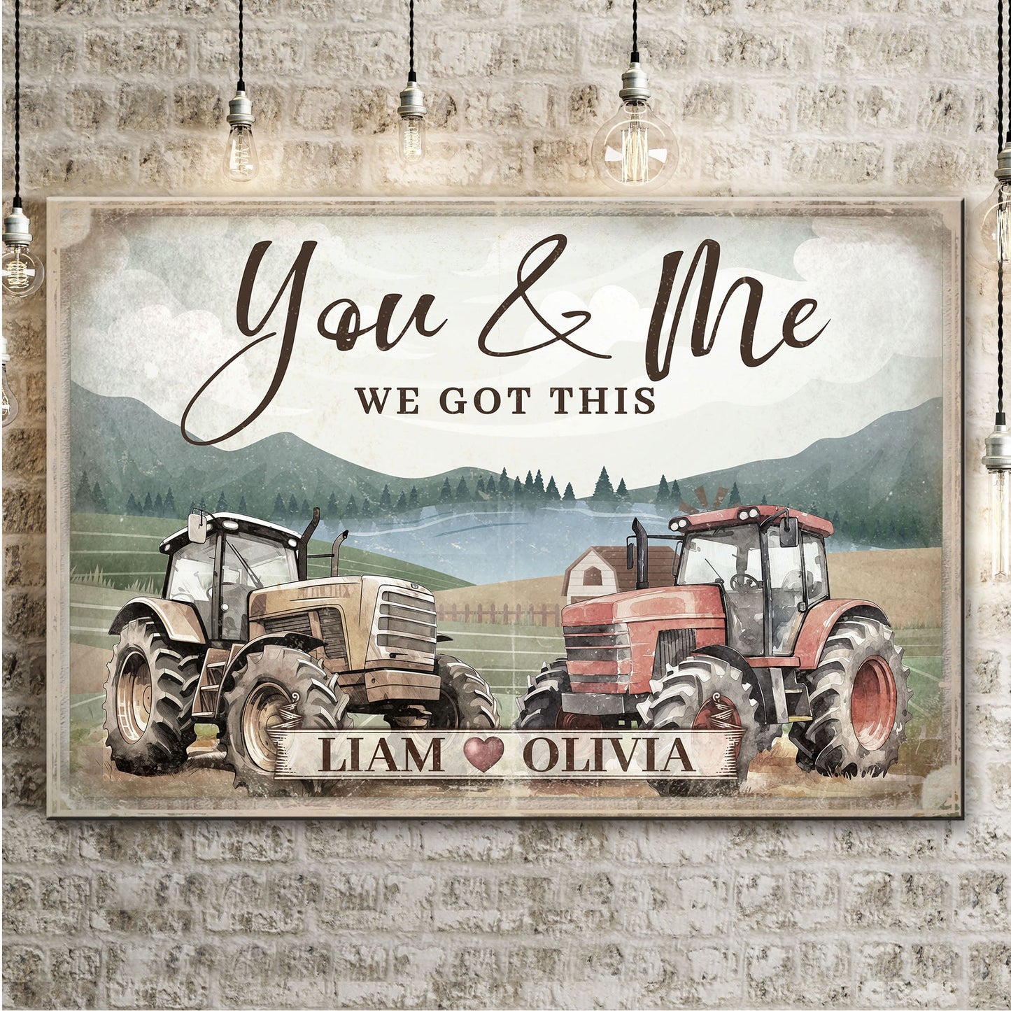 Tractor themed couple sign canvas with rustic tractors Liam Olivia text stone backdrop on Tampa Home & Garden Store