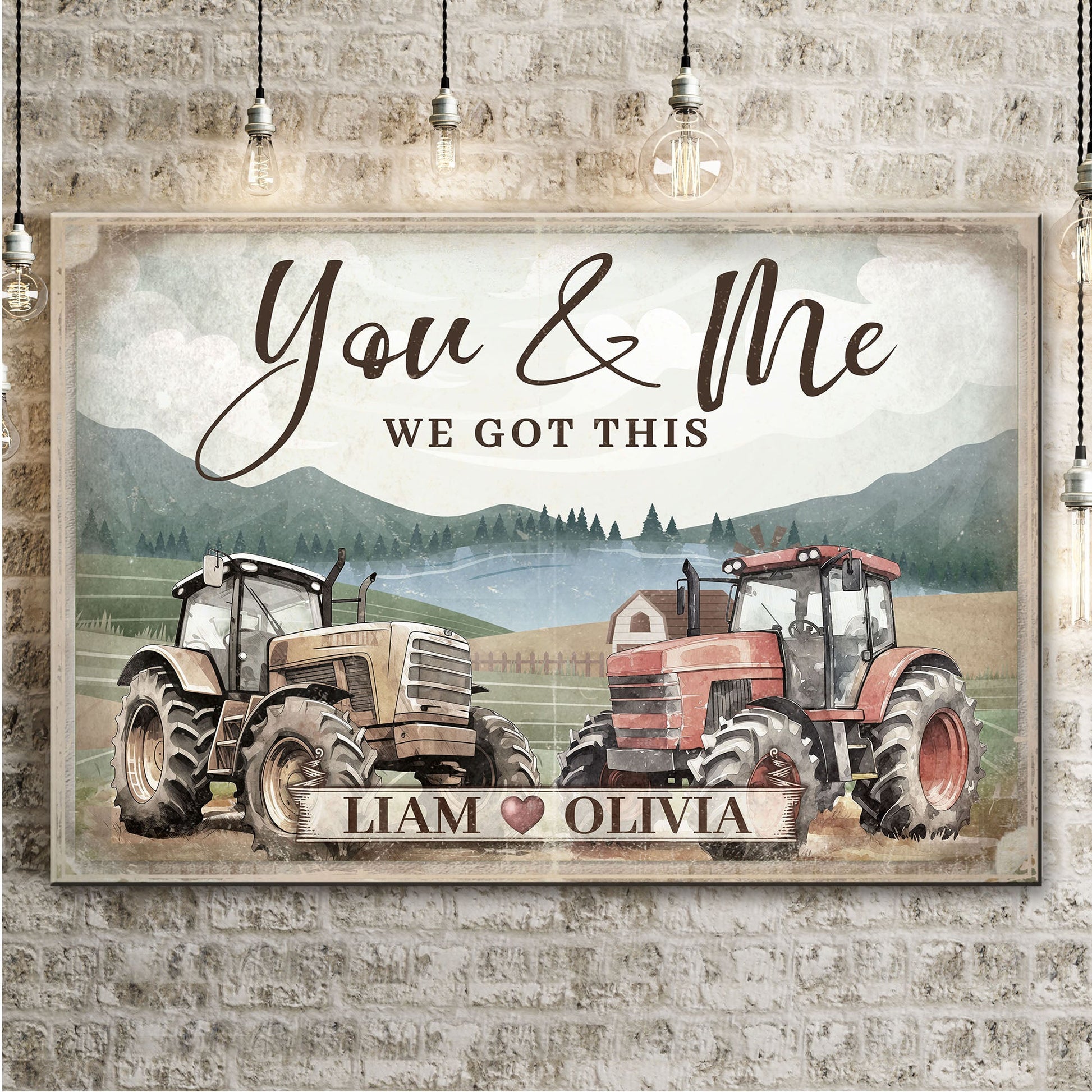 Tractor themed couple sign canvas with rustic tractors Liam Olivia text stone backdrop on Tampa Home & Garden Store