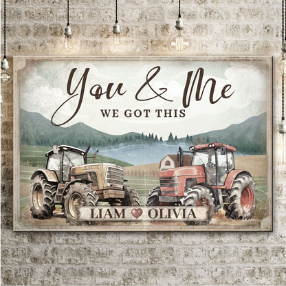 Tractor themed couple sign canvas with rustic tractors Liam Olivia text stone backdrop on Tampa Home & Garden Store