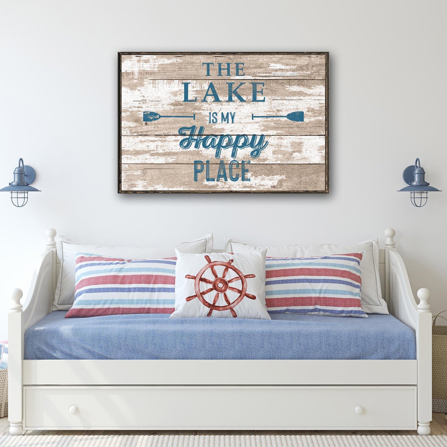The Lake Is My Happy Place canvas sign on weathered wood with blue typography and oar icons on Tampa Home & Garden Store