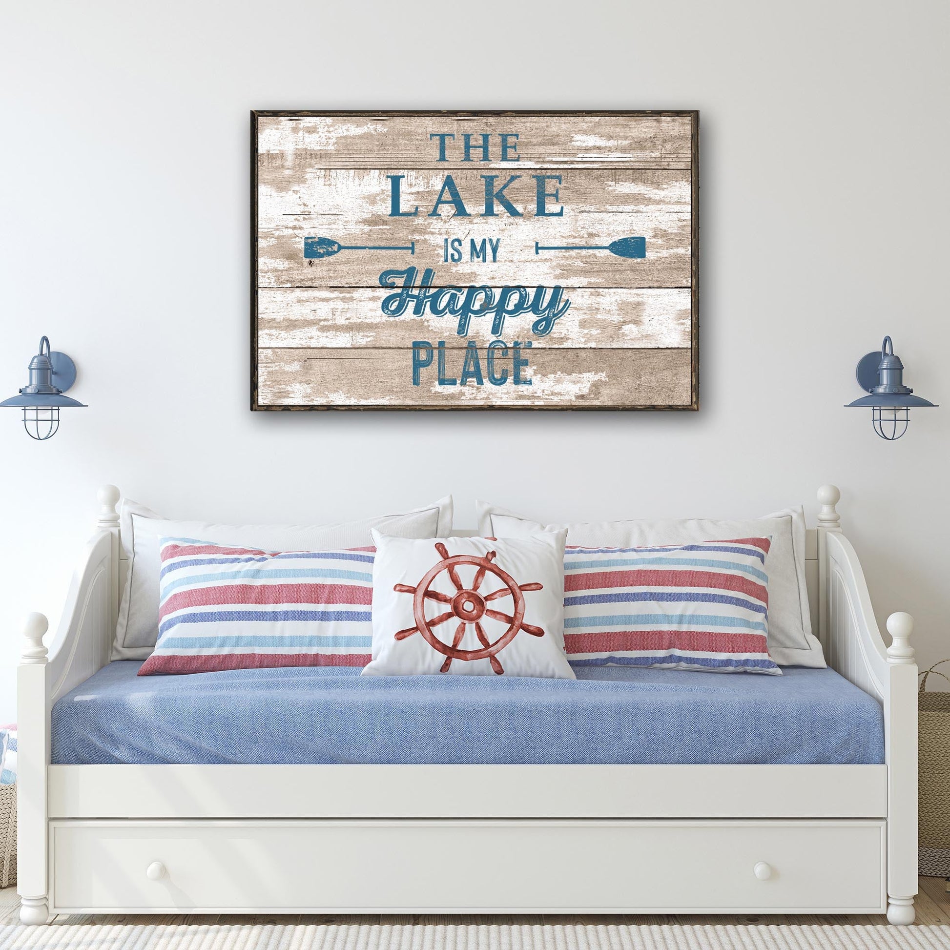 The Lake Is My Happy Place canvas sign on weathered wood with blue typography and oar icons on Tampa Home & Garden Store