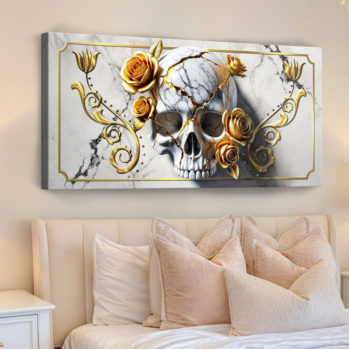 Canvas wall art 3D Rose and Skull by Tailored Canvases, marble background with gold roses on Tampa Home & Garden Store