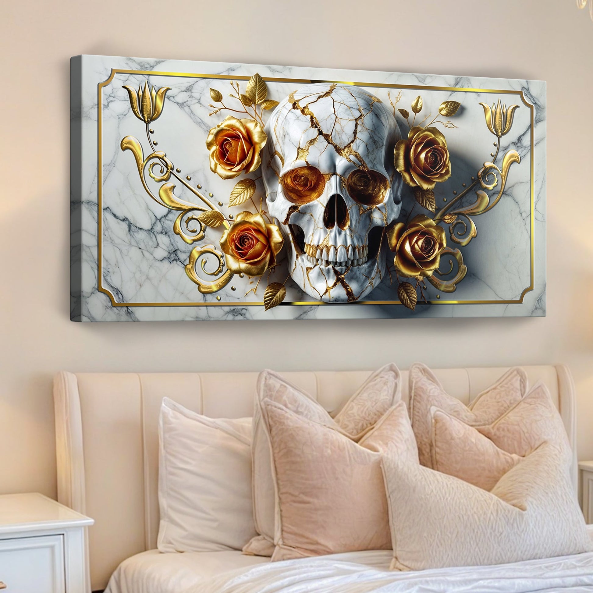 3D Rose and Skull Wall Art II canvas by Tailored Canvases with marble background, gold frame, and golden roses