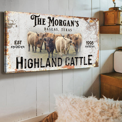Canvas sign Personalized Highland Cattle Sign III by Tailored Canvases in rustic vintage style on Tampa Home & Garden Store