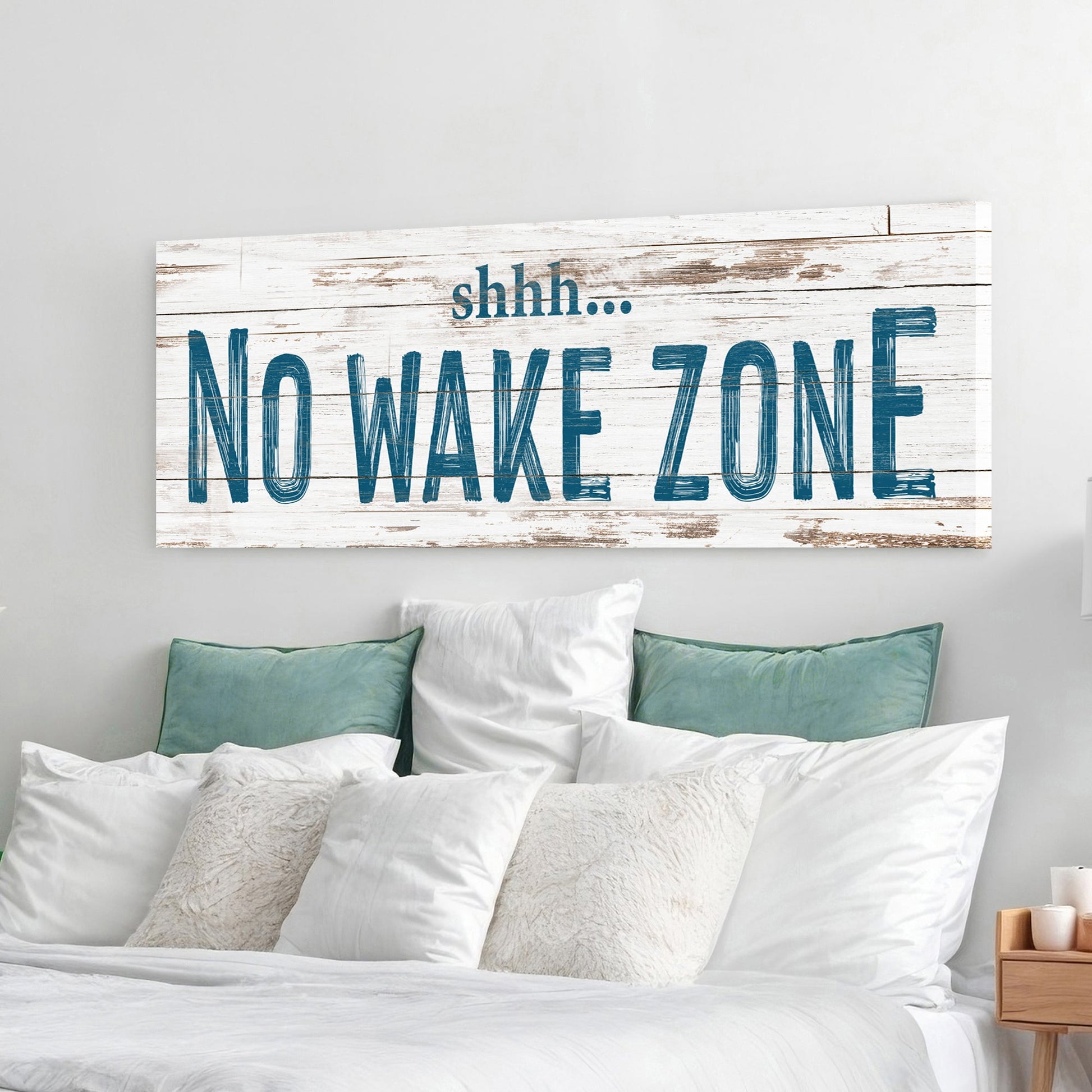 No Wake Zone Sign XIII canvas by Tailored Canvases with distressed white wood plank background and bold blue lettering on Tampa Home & Garden Store