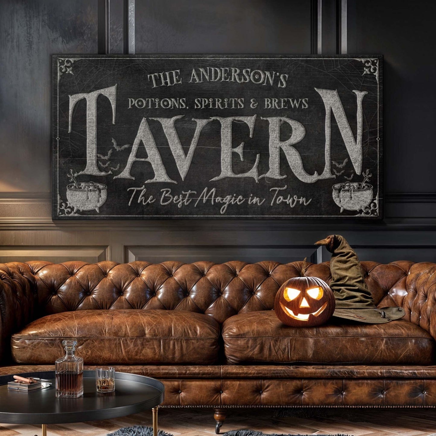 Potions Spirits & Brews Tavern Halloween Sign canvas with chalkboard text on Tampa Home & Garden Store