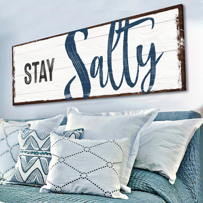 Stay Salty Coastal Sign III canvas by Tailored Canvases, whitewashed wood with navy script on Tampa Home & Garden Store