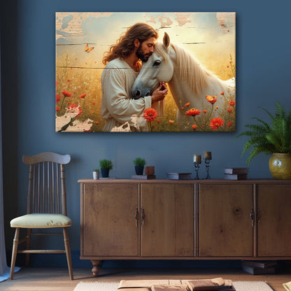Jesus and Horse Faith Wall Art II canvas featuring a man and white horse in a sunlit field on Tampa Home & Garden Store