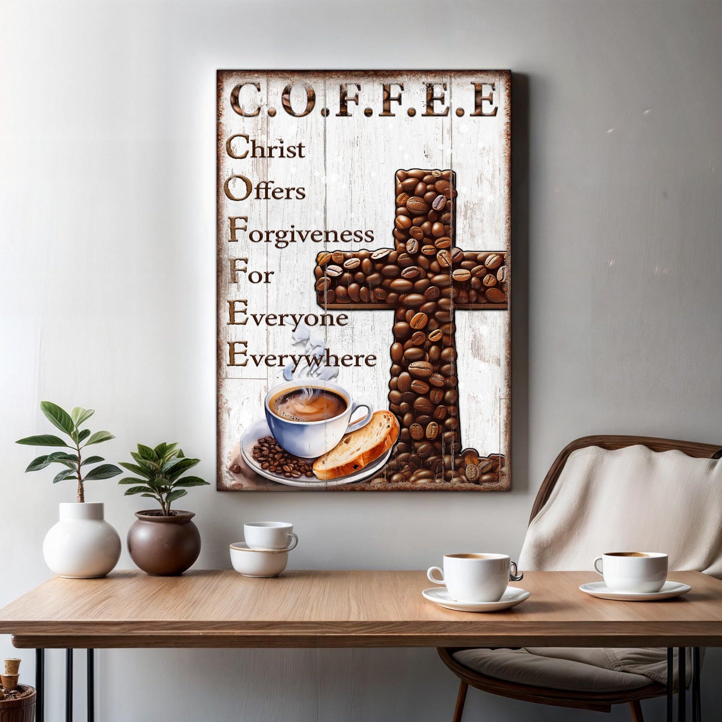 Canvas Our C.O.F.F.E.E Faith Sign V by Tailored Canvases on rustic wood coffee bean cross on Tampa Home & Garden Store