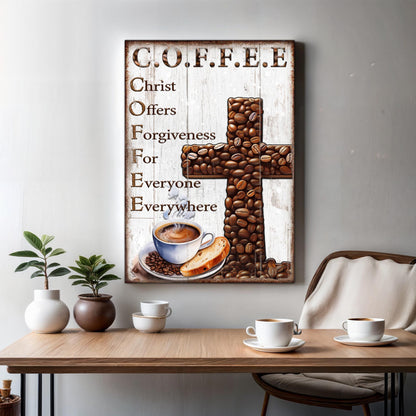 Canvas Our C.O.F.F.E.E Faith Sign V by Tailored Canvases on rustic wood coffee bean cross on Tampa Home & Garden Store