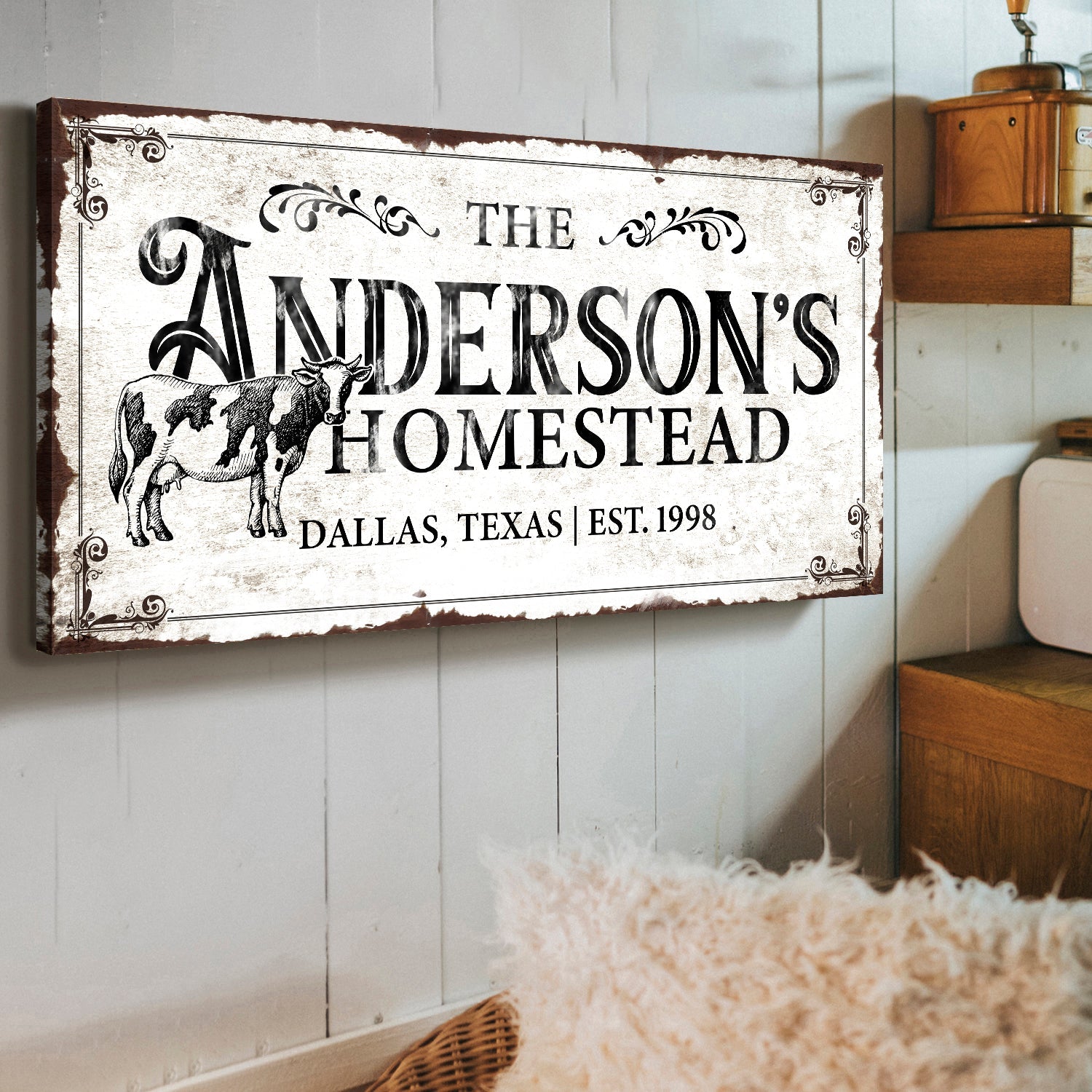 Homestead Sign IX canvas wall art with rustic typography and cow illustration on Tampa Home & Garden Store