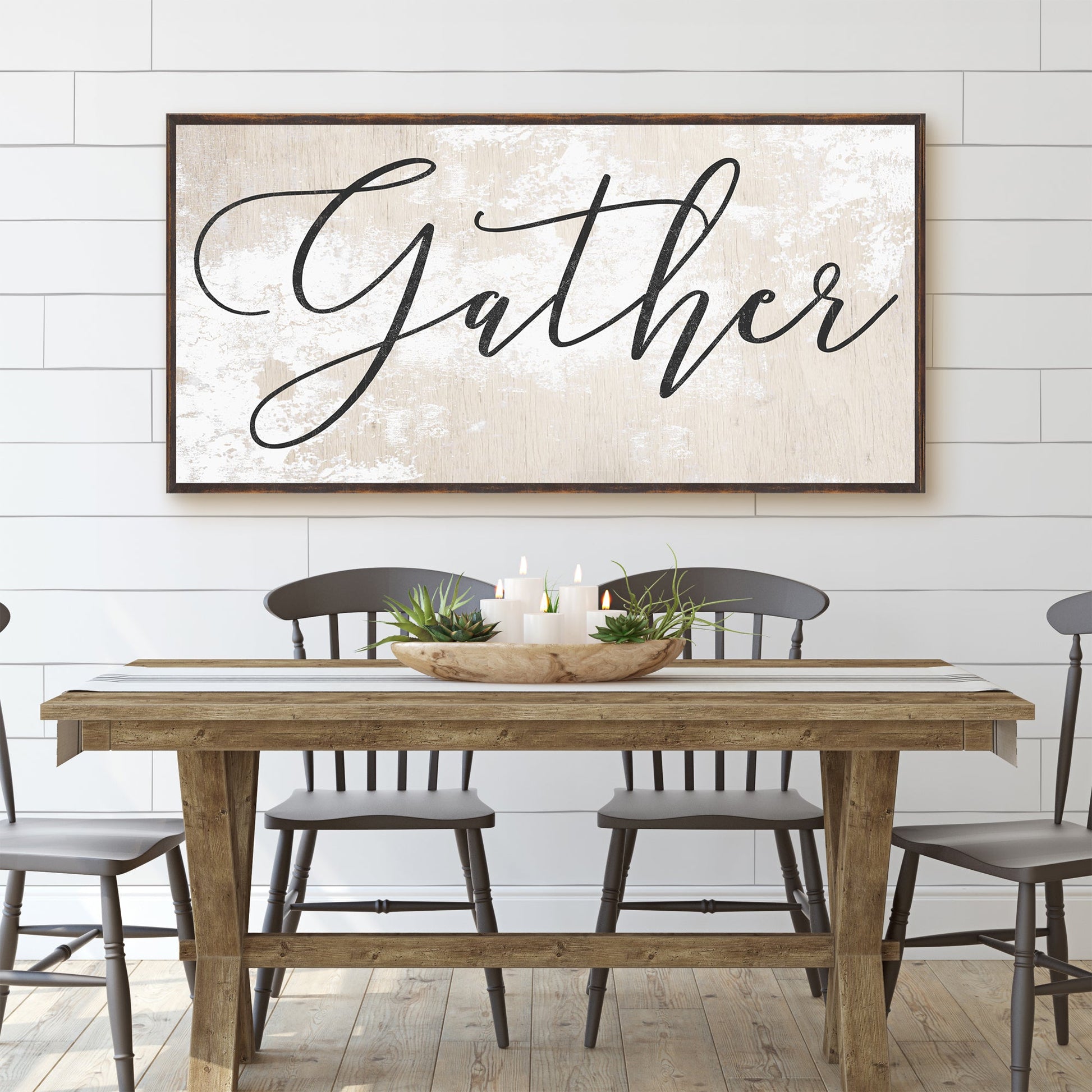 Gather Sign XII canvas wall art with distressed beige finish framed in dark wood on Tampa Home & Garden Store