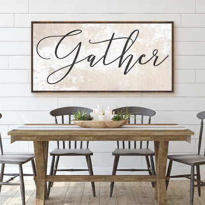 Gather Sign XII canvas wall art with distressed beige finish framed in dark wood on Tampa Home & Garden Store