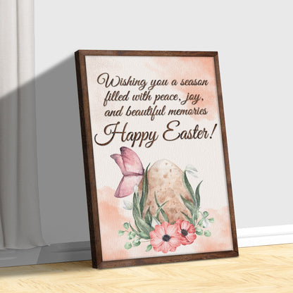 Easter Wishes Sign canvas with script text and watercolor blooms in a dark wood frame on Tampa Home & Garden Store