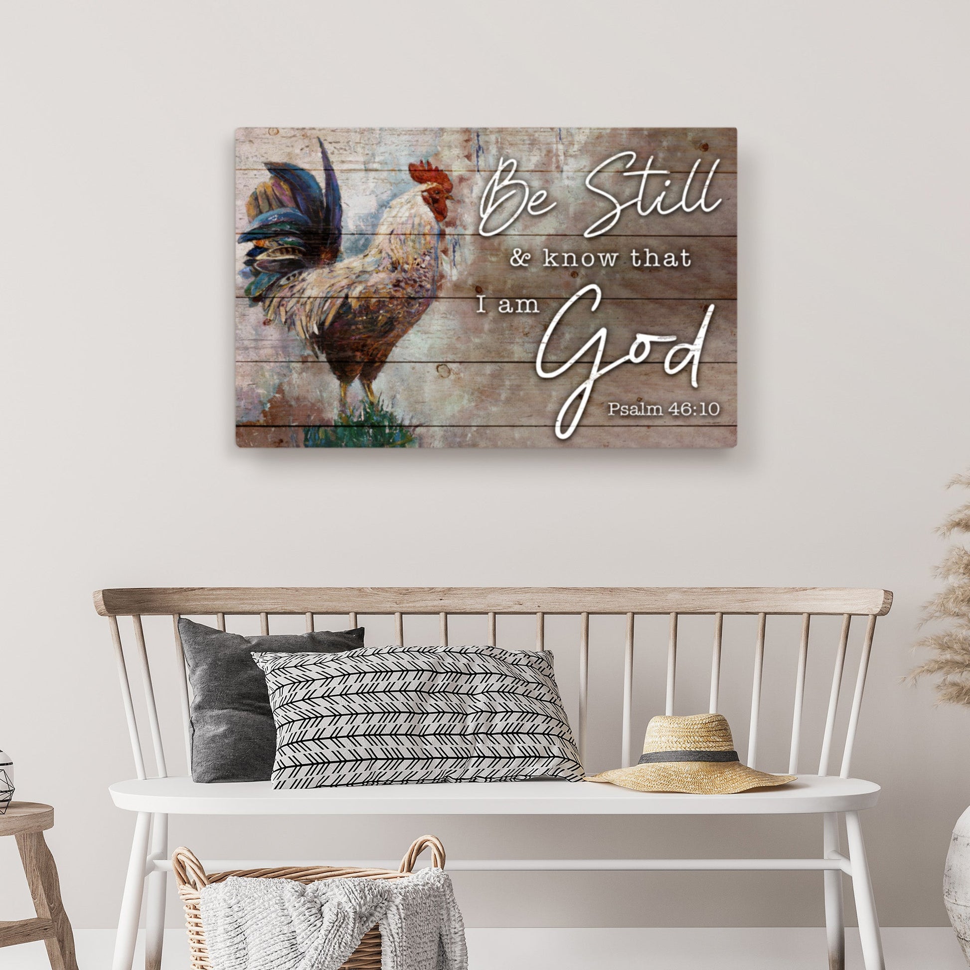 Canvas Be Still Faith Sign by Tailored Canvases, rooster artwork on rustic wood on Tampa Home & Garden Store