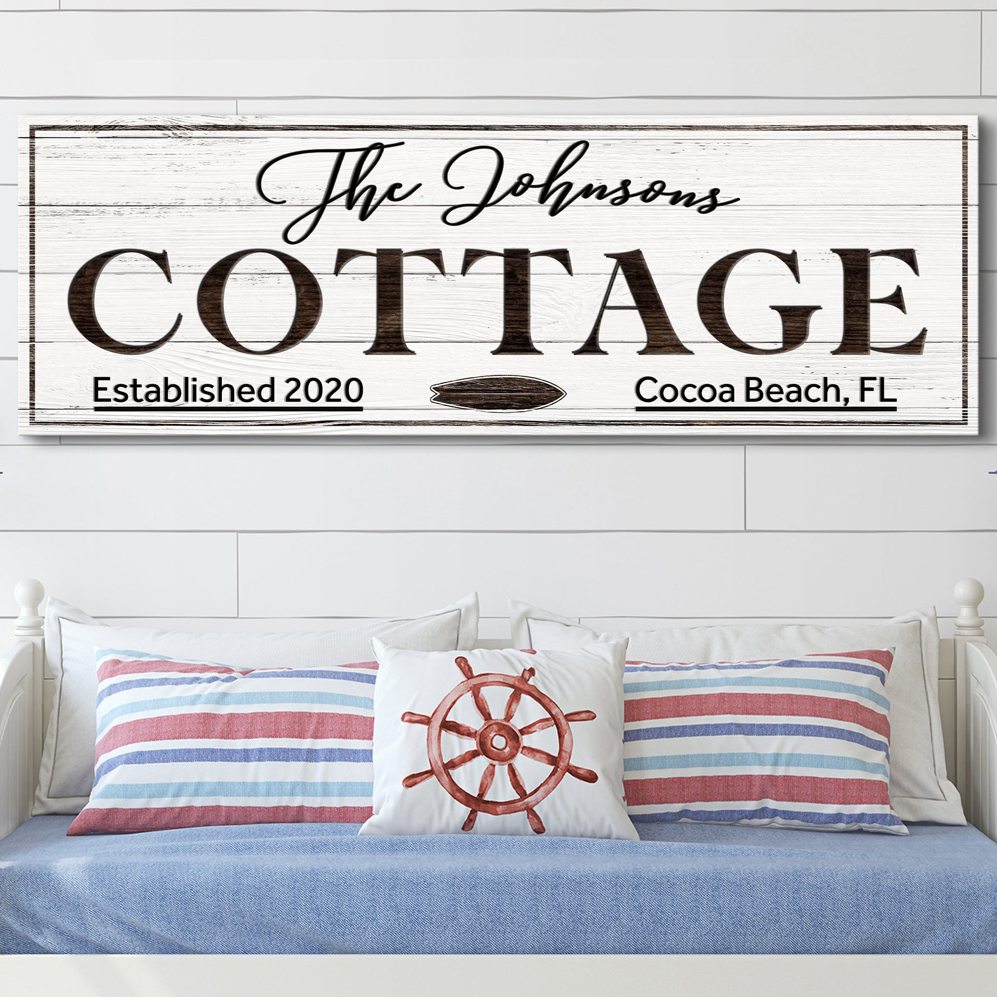 Cottage Beach House Sign canvas with whitewashed wood grain and bold brown COTTAGE on Tampa Home & Garden Store