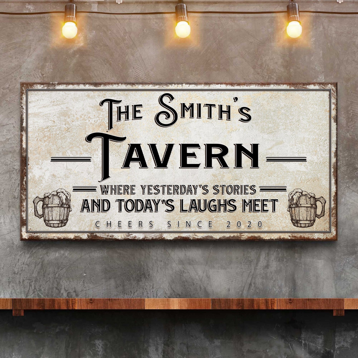 Canvas sign The Smith's Tavern, rustic frame, barrel icons, warm string lights on Tampa Home & Garden Store