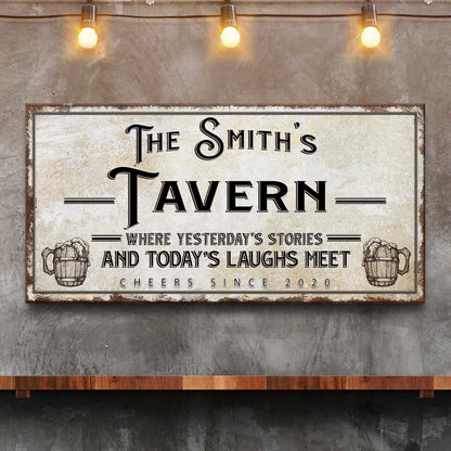 Canvas sign The Smith's Tavern, rustic frame, barrel icons, warm string lights on Tampa Home & Garden Store