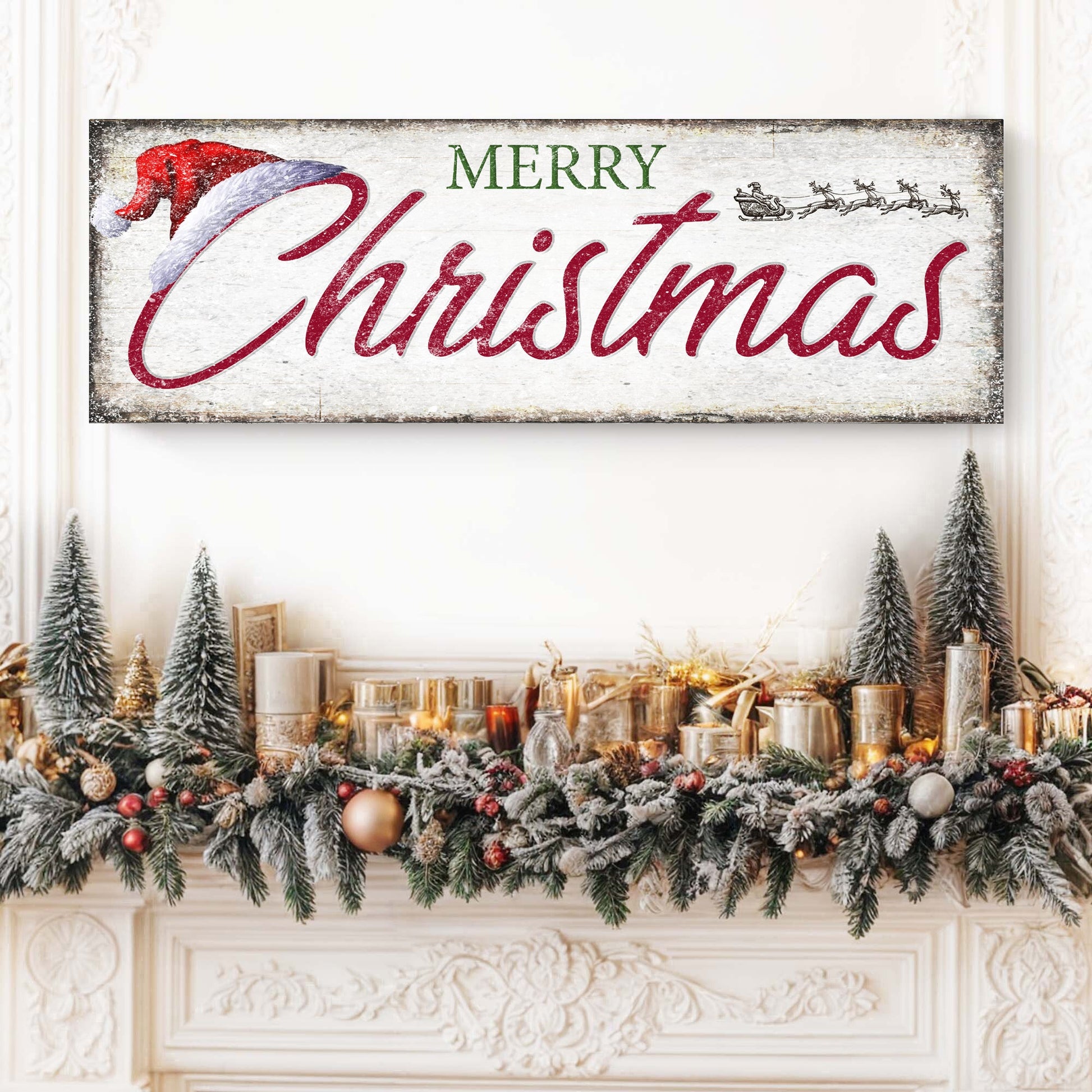 Vintage Merry Christmas Sign canvas with green MERRY and red script Christmas Santa sleigh on distressed white background on Tampa Home & Garden Store
