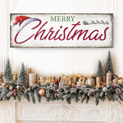 Vintage Merry Christmas Sign canvas with green MERRY and red script Christmas Santa sleigh on distressed white background on Tampa Home & Garden Store