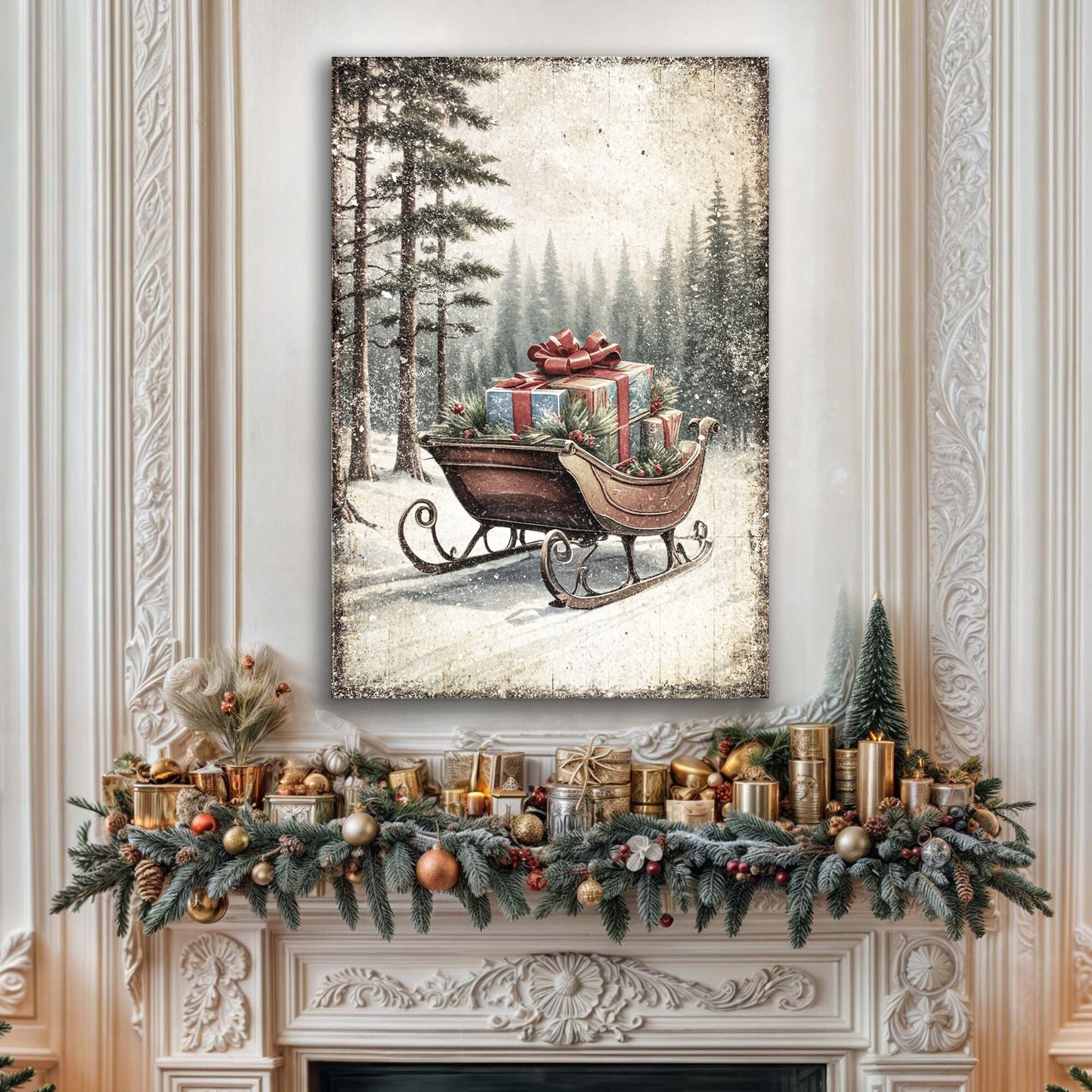 Vintage Christmas Sleigh Sled Wall Art canvas by Tailored Canvases; forest scene with gifts on Tampa Home & Garden Store