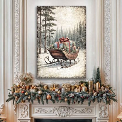 Vintage Christmas Sleigh Sled Wall Art canvas by Tailored Canvases; forest scene with gifts on Tampa Home & Garden Store