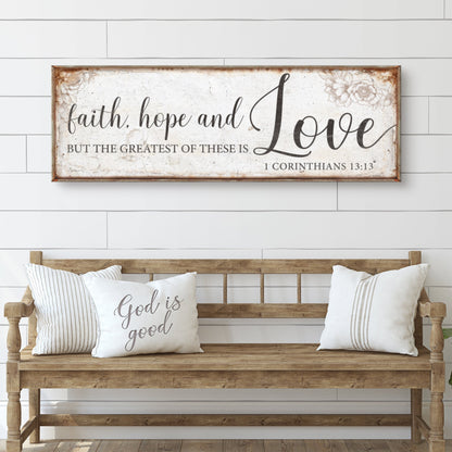 Faith Hope And Love canvas sign 1 Corinthians 13:13 rustic framed cream background on Tampa Home & Garden Store