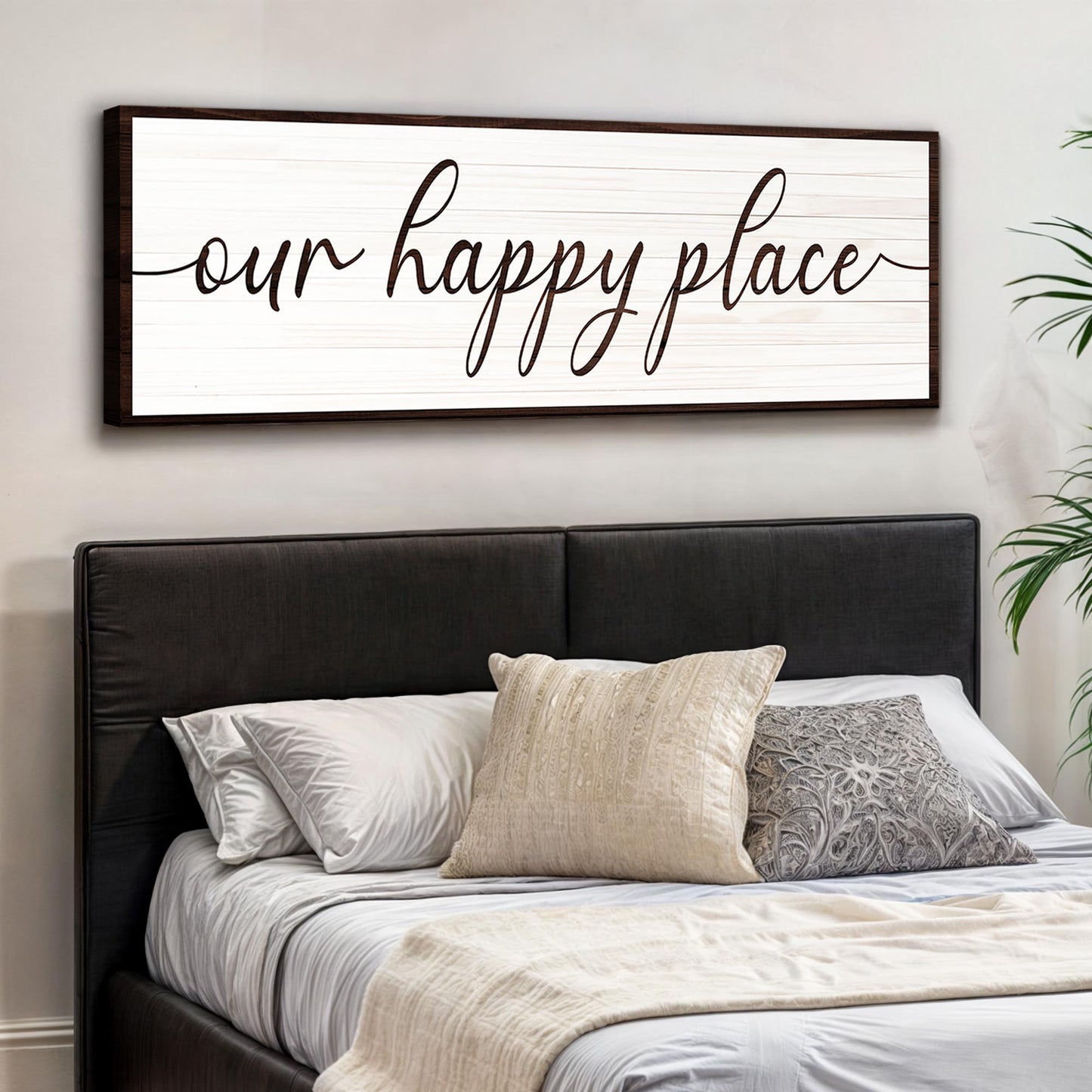 Our Happy Place Sign II canvas sign with white planks and dark frame on Tampa Home & Garden Store