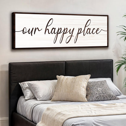 Our Happy Place Sign II canvas sign with white planks and dark frame on Tampa Home & Garden Store