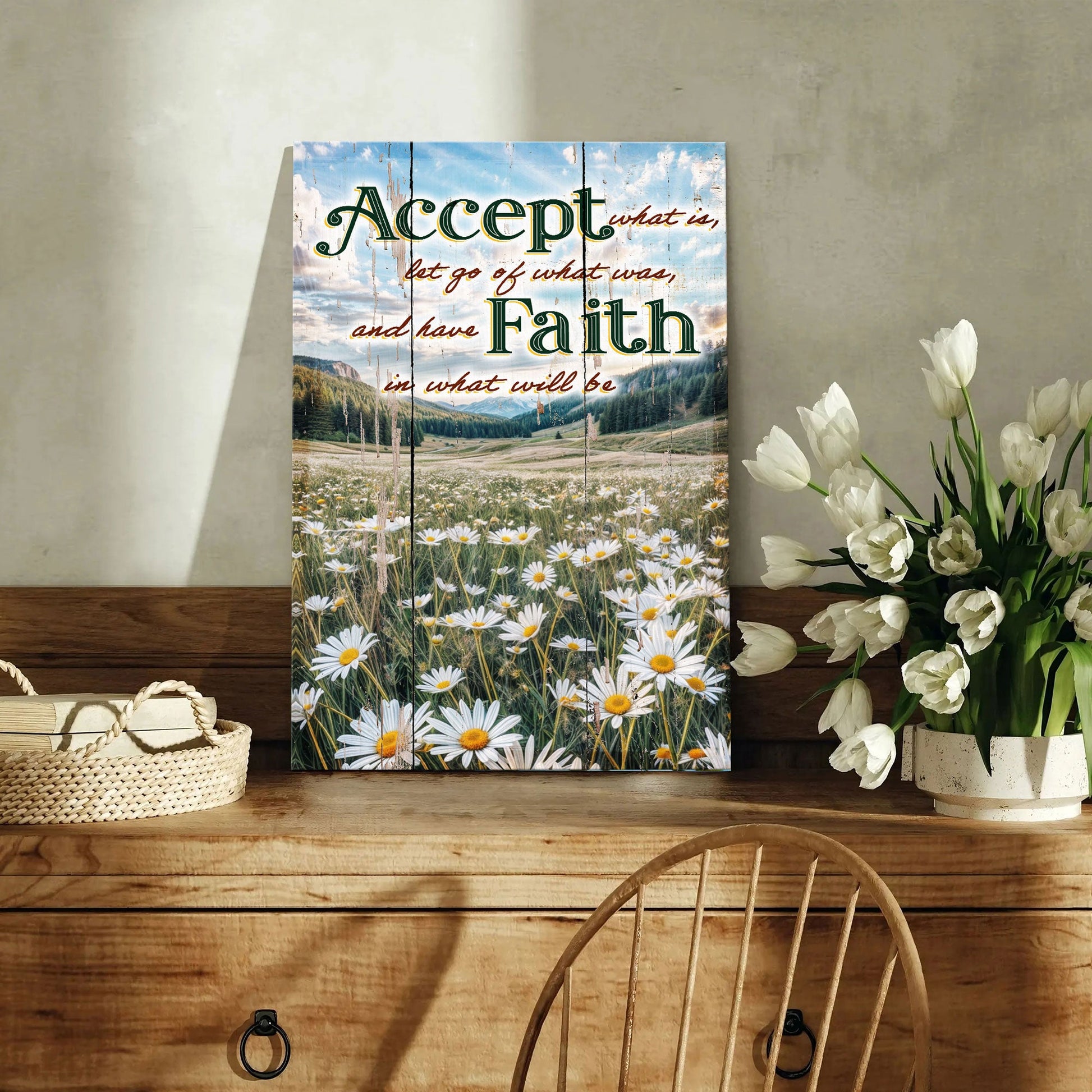 Canvas sign Accept, Let Go, And Have Faith by Tailored Canvases; rustic wood panel with daisies on Tampa Home & Garden Store