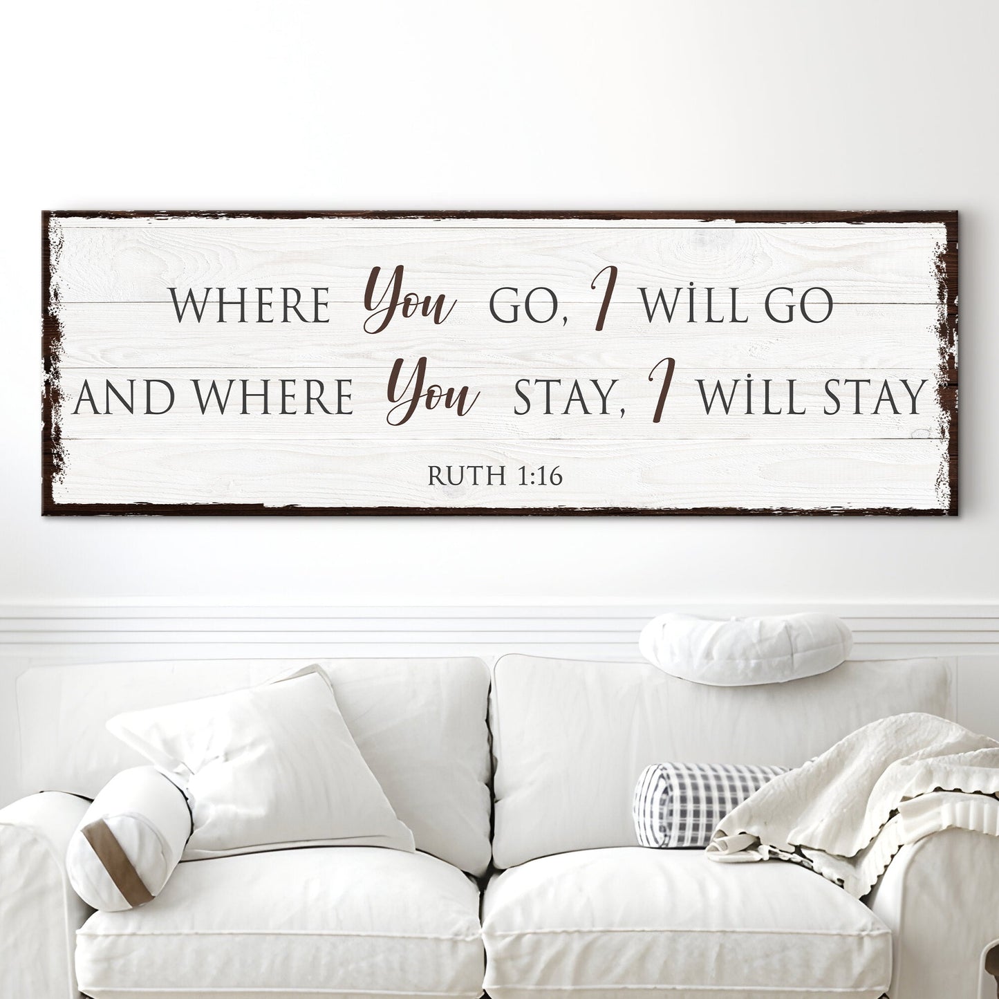 Ruth 1:16 faith sign canvas with rustic whitewashed wood planks and dark brown frame on Tampa Home & Garden Store