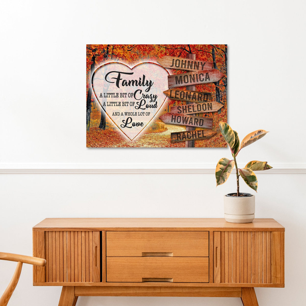 A Lot of Love Family Names Sign III canvas with heart and name signs amid autumn leaves on Tampa Home & Garden Store